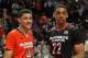 CHICAGO, IL - APRIL 2: Justin Jackson #44 of the East team and Jahlil Okafor #22 of the West team share the MVP torphy after the 2014 McDonald's All American Game at United Center on April 2, 2014 in Chicago, Illinois. The West defeated the East 105-102.
