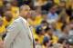 Apr 24, 2014; Oakland, CA, USA; Golden State Warriors head coach Mark Jackson on the sideline during the second quarter of game three of the first round of the 2014 NBA Playoffs against the Los Angeles Clippers at Oracle Arena. Mandatory Credit: Kelley L