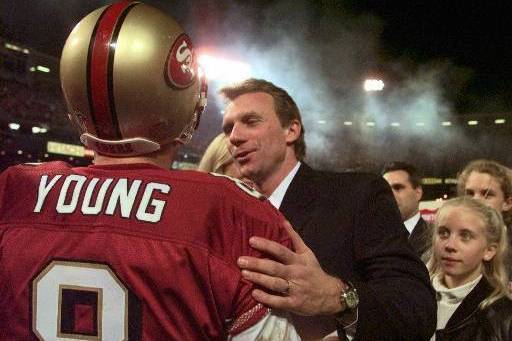 Quarterback Steve Young of the San Francisco 49ers finds room to