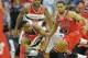 Apr 27, 2014; Washington, DC, USA; Chicago Bulls point guard D.J. Augustin (14) and Washington Wizards point guard John Wall (2) fight for a loose ball during the first quarter in game four of the first round of the 2014 NBA Playoffs at Verizon Center. Ma