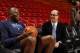 MIAMI, FL - FEBRUARY 19: Patrick Ewing and Jeff Van Gundy share a laugh prior to the game between the Orlando Magic and the Miami Heat on February 19, 2012 at American Airlines Arena in Miami, Florida. NOTE TO USER: User expressly acknowledges and agrees