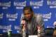 MEMPHIS, TN - APRIL 24: Kevin Durant #35 of the Oklahoma City Thunder addresses the media after Game Three of the Western Conference Quarterfinals against the Memphis Grizzlies during the 2014 NBA Playoffs on April 24, 2014 at FedExForum in Memphis, Tenne