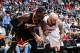 ATLANTA, GA - APRIL 24: Roy Hibbert #55 of the Indiana Pacers fights for position against Pero Antic #6 of the Atlanta Hawks during Game Three of the Eastern Conference Quarterfinals on April 24, 2014 at Philips Arena in Atlanta, Georgia. NOTE TO USER:
