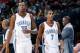 OKLAHOMA CITY, OK - NOVEMBER 01: (L-R) Kevin Durant #35 and Kevin Ollie #7 of the Oklahoma City Thunder take a break from the action during the game against the Portland Trail Blazers on November 1, 2009 at the Ford Center in Oklahoma City, Oklahoma. Th