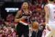 Apr 30, 2014; Houston, TX, USA; Portland Trail Blazers guard Damian Lillard (0) brings the ball up the court during the first quarter against the Houston Rockets in game five of the first round of the 2014 NBA Playoffs at Toyota Center. Mandatory Credit: