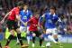 LIVERPOOL, ENGLAND - APRIL 20: Ross Barkley of Everton takes on Juan Mata and Jonny Evans of Manchester United during the Barclays Premier League match between Everton and Manchester United at Goodison Park on April 20, 2014 in Liverpool, England. (Phot
