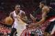 Apr 20, 2014; Houston, TX, USA; Houston Rockets forward Terrence Jones (6) drives the ball during the third quarter as Portland Trail Blazers forward LaMarcus Aldridge (12) defends in game one during the first round of the 2014 NBA Playoffs at Toyota Cent