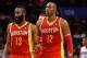Mar 5, 2014; Orlando, FL, USA; Houston Rockets shooting guard James Harden (13) and Houston Rockets center Dwight Howard (12) against the Orlando Magic during the second half at Amway Center. Houston Rockets defeated the Orlando Magic 101-89. Mandatory C