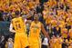 INDIANAPOLIS, IN - MAY 03: Roy Hibbert #55 and Paul George #24 of the Indiana Pacers celebrate during game Seven of the Eastern Conference Playoffs against the Atlanta Hawks at the Bankers Life Fieldhouse on May 3, 2014 in Indianapolis, Indiana. NOTE TO U