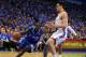 May 5, 2014; Oklahoma City, OK, USA; Los Angeles Clippers guard Darren Collison (2) drives to the basket against Oklahoma City Thunder center Steven Adams (12) during the second quarter in game one of the second round of the 2014 NBA Playoffs at Chesapeak