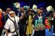LAS VEGAS, NV - MAY 04: Floyd Mayweather Jr. celebrates his unanimous decision victory with his team against Robert Guerrero in their WBC welterweight title bout at the MGM Grand Garden Arena on May 4, 2013 in Las Vegas, Nevada. (Photo by Al Bello/Getty