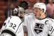 ANAHEIM, CA - MAY 05: Dustin Brown #23 of the Los Angeles Kings celebrates a 3-1 win with Jonathan Quick #32 over the Anaheim Ducks in Game Two of the Second Round of the 2014 NHL Stanley Cup Playoffs at Honda Center on May 5, 2014 in Anaheim, California