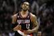 May 6, 2014; San Antonio, TX, USA; Portland Trail Blazers forward LaMarcus Aldridge (12) reacts against the San Antonio Spurs in game one of the second round of the 2014 NBA Playoffs at AT&T Center. Mandatory Credit: Soobum Im-USA TODAY Sports
