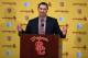 LOS ANGELES, CA - DECEMBER 03: Steve Sarkisian speaks at a press conference introducing him as the new USC head football coach at the John McKay Center at the University of Southern California on December 3, 2013 in Los Angeles, California. (Photo by S