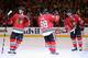 CHICAGO, IL - MAY 02: Niklas Hjalmarsson #4, Patrick Kane #88 and Patrick Sharp #10 of the Chicago Blackhawks celebrate Kane's second goal of the third period against the Minnesota Wild in Game One of the Second Round of the 2014 NHL Stanley Cup Playoffs