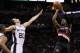 May 8, 2014; San Antonio, TX, USA; Portland Trail Blazers guard Wesley Matthews (2) shoots the ball as San Antonio Spurs guard Manu Ginobili (20) defends in game two of the second round of the 2014 NBA Playoffs at AT&T Center. Mandatory Credit: Soobum Im-