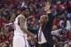 May 3, 2014; Los Angeles, CA, USA; Los Angeles Clippers coach Doc Rivers (right) and center DeAndre Jordan (6) react in the second quarter against the Golden State Warriors in game seven of the first round of the 2014 NBA Playoffs at Staples Center. Manda