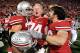 COLUMBUS, OH - NOVEMBER 14: (L-R) J.B. Shugarts #76, Jack Mewhort #74 and Andrew Moses #66, all of the Ohio State Buckeyes, celebrate the Buckeyes' 27-24 overtime victory over the Iowa Hawkeyes at Ohio Stadium on November 14, 2009 in Columbus, Ohio. With
