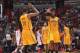WASHINGTON, DC - MAY 09: Paul George #24 and Roy Hibbert #55 of the Indiana Pacers celebrate during Game Three of the Eastern Conference Semifinals against the Washington Wizards at Verizon Center on May 9, 2014 in Washington, DC. NOTE TO USER: User expre
