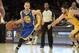 Apr 11, 2014; Los Angeles, CA, USA; Golden State Warriors guard Stephen Curry (30) dribbles around Los Angeles Lakers guard Jordan Farmar (1) at Staples Center. Mandatory Credit: Richard Mackson-USA TODAY Sports