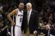 May 8, 2014; San Antonio, TX, USA; San Antonio Spurs guard Tony Parker (9) talks with head coach Gregg Popovich against the Portland Trail Blazers in game two of the second round of the 2014 NBA Playoffs at AT&T Center. Mandatory Credit: Soobum Im-USA TOD