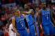 LOS ANGELES, CA - MAY 9: Russell Westbrook #0, Kevin Durant #35, and Serge Ibaka #9 of the Oklahoma City Thunder celebrate during a game against the Los Angeles Clippers in Game Three of the Western Conference Semifinals during the 2014 NBA Playoffs at St