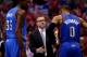LOS ANGELES, CA - MAY 09: Head coach Scott Brooks of the Oklahoma City Thunder talks with Russell Westbrook #0 and Kevin Durant #35 against the Los Angeles Clippers in Game Three of the Western Conference Semifinals during the 2014 NBA Playoffs at Stapl