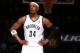 BROOKLYN, NY - MAY 12: Paul Pierce #34 of the Brooklyn Nets look on against the Miami Heat in Game Four of the Eastern Conference Semifinals during the 2014 NBA Playoffs on May 12, 2014 at Barclays Center in Brooklyn. NOTE TO USER: User expressly acknowle
