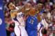LOS ANGELES, CA - MAY 11: Kevin Durant #35 of the Oklahoma City Thunder and Matt Barnes #22 of the Los Angeles Clippers fight for the ball in Game Four of the Western Conference Semifinals during the 2014 NBA Playoffs at Staples Center on May 11, 2014 in