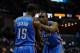 Jan 14, 2014; Memphis, TN, USA; Oklahoma City Thunder point guard Reggie Jackson (15) and Oklahoma City Thunder power forward Serge Ibaka (9) before the game against the Memphis Grizzlies at FedExForum. Memphis Grizzlies beat Oklahoma City Thunder 90 - 87