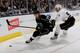 LOS ANGELES, CA - MAY 10: Jeff Carter #77 of the Los Angeles Kings skates with the puck against Bryan Allen #55 of the Anaheim Ducks in Game Four of the Second Round of the 2014 Stanley Cup Playoffs at Staples Center on May 10, 2014 in Los Angeles, Calif
