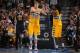 DENVER, CO - April 12: Timofey Mozgov #25 and Kenneth Faried #35 of the Denver Nuggets celebrate during a game against the Utah Jazz on April 12, 2014 at the Pepsi Center in Denver, Colorado. NOTE TO USER: User expressly acknowledges and agrees that, by d