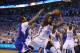 OKLAHOMA CITY, OK - MAY 13: Chris Paul #3 of the Los Angeles Clippers loses possesion of the ball to Serge Ibaka #9 of the Oklahoma City Thunder in the final seconds in Game Five of the Western Conference Semifinals during the 2014 NBA Playoffs at Chesap