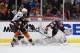 ANAHEIM, CA - MAY 12: (L-R) Marian Gaborik #12 of the Los Angeles Kings and Ben Lovejoy #6 of the Anaheim Ducks battle in front of the net, as goaltender John Gibson #36 of the Ducks watches the puck in the third period of Game Five of the Second Round o