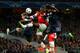LONDON, ENGLAND - FEBRUARY 19: Yaya Sanogo of Arsenal is marshalled by Toni Kroos and David Alaba of Bayern Muenchen during the UEFA Champions League Round of 16 first leg match between Arsenal and FC Bayern Muenchen at Emirates Stadium on February 19, 2