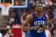 Apr 5, 2014; Philadelphia, PA, USA; Philadelphia 76ers forward Thaddeus Young (21) during the fourth quarter against the Brooklyn Nets at the Wells Fargo Center. The Nets defeated the Sixers 105-101. Mandatory Credit: Howard Smith-USA TODAY Sports