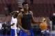 Feb 18, 2014; Philadelphia, PA, USA; Philadelphia 76ers center Nerlens Noel (4) during warmups prior to the game against the Cleveland Cavaliers at the Wells Fargo Center. Mandatory Credit: Howard Smith-USA TODAY Sports