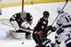 May 16, 2014; Anaheim, CA, USA; Los Angeles Kings center Mike Richards (10) shoots and scores a goal past Anaheim Ducks goalie John Gibson (36) during the first period in game seven of the second round of the 2014 Stanley Cup Playoffs at Honda Center. Man