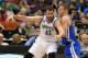 Nov 6, 2013; Minneapolis, MN, USA; Golden State Warriors power forward David Lee (10) plays tight defense on Minnesota Timberwolves power forward Kevin Love (42) as he attempts to drive to the basket in the first half at Target Center. Mandatory Credit: J