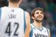 Apr 16, 2014; Minneapolis, MN, USA; Minnesota Timberwolves guard Ricky Rubio (9) smiles with forward Kevin Love (42) at Target Center. Mandatory Credit: Brad Rempel-USA TODAY Sports