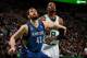 BOSTON, MA - DECEMBER 16: Kevin Love #42 of the Minnesota Timberwolves boxes out Jeff Green #8 of the Boston Celtics on December 16, 2013 at the TD Garden in Boston, Massachusetts. NOTE TO USER: User expressly acknowledges and agrees that, by downloading