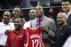 HOUSTON - JULY 13: Dwight Howard (3R) stands with former Houston Rockets former players (L-R) Clyde Drexler, Ralph Sampson, Calvin Murphy, Hakeem Olajuwon, Yao Ming and John Lucas during a press conference on July 13, 2013 in Houston, Texas. (Photo by B