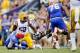 Oct 12, 2013; Baton Rouge, LA, USA; LSU Tigers linebacker Kendell Beckwith (52) looks on after causing a fumble on a sack against Florida Gators quarterback Tyler Murphy (3) on a fourth down play during the fourth quarter of a game at Tiger Stadium. LSU d