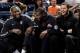 July 18, 2012; Manchester, UNITED KINGDOM; USA players LeBron James (left), Kevin Durant (center), and Kevin Love (right) laugh while watching the USA Women play Great Britain during the 2012 London Olympic Games warm-up game at the Manchester Evening Ne