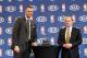 MINNEAPOLIS, MN - APRIL 21: Kevin Love (L) of the Minnesota Timberwolves is presented with the 2010-11 Kia NBA Most Improved Player Award and keys to a 2011 Kia Sorento by David Kahn, Minnesota Timberwolves President of Basketball Operations at a press c