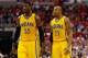 May 15, 2014; Washington, DC, USA; Indiana Pacers center Roy Hibbert (55) and Pacers forward David West (21) stand on the court against the Washington Wizards in game six of the second round of the 2014 NBA Playoffs at Verizon Center. Mandatory Credit: Ge