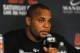 Feb 22, 2014; Las Vegas, NV, USA; Daniel Cormier speaks to reporters during a post-fight press conference after defeating Patrick Cummins in a light heavyweight bout during UFC 170 at Mandalay Bay. Mandatory Credit: Stephen R. Sylvanie-USA TODAY Sports