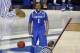 Apr 7, 2014; Arlington, TX, USA; Kentucky Wildcats guard/forward James Young (1) reacts to scoring against the Connecticut Huskies in the second half during the championship game of the Final Four in the 2014 NCAA Mens Division I Championship tournament a