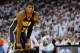May 26, 2014; Miami, FL, USA; Indiana Pacers forward Paul George (24) reacts during a break against the Miami Heat in game four of the Eastern Conference Finals of the 2014 NBA Playoffs at American Airlines Arena. The Heat won 102-90. Mandatory Credit: St