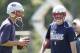 May 31, 2012; Foxboro, Massachusetts, USA; New England Patriots quarterback Tom Brady (12) talks with quarterback Brian Hoyer (8) during OTA on the practice field at Gillette Stadium. Mandatory Credit: Greg M. Cooper-USA TODAY Sports